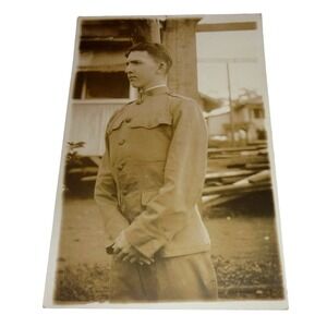 Antique WWI US Army Soldier RPPC Real Photo Postcard Sepia Doughboy Portrait